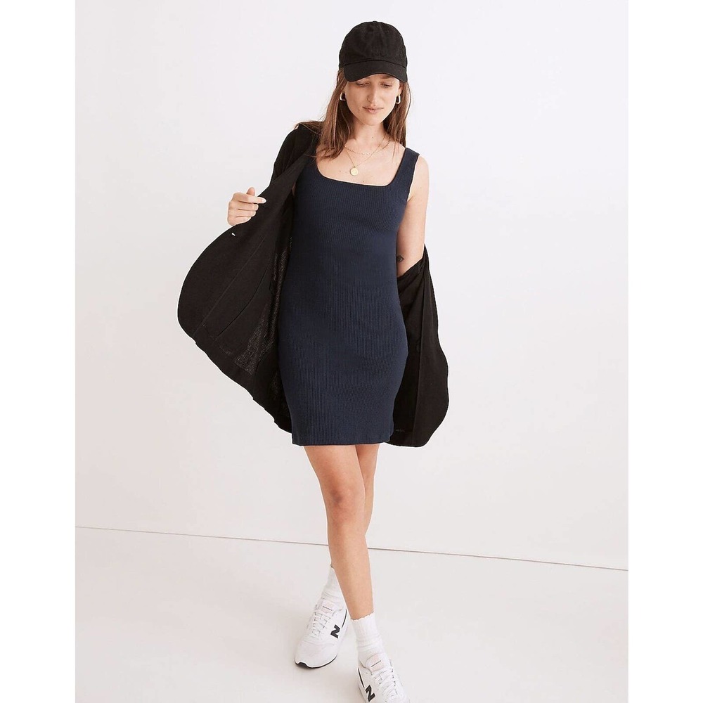 NWT Madewell Navy Blue Ribbed Knit Square Neck Bodycon Dress Size XL Sleeveless